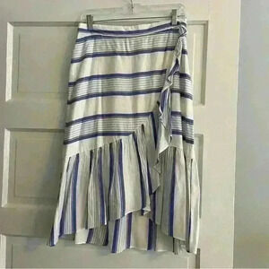 Ann Taylor LOFT midi Skirt Size 6 White Blue Chambray Stripes Ruffle Career